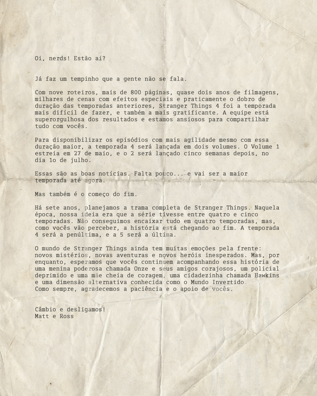 carta irmãos Duffer "Stranger Things: Temporada 4" Irmãos Duffer revelam detalhes sobre o futuro da série na Netflix